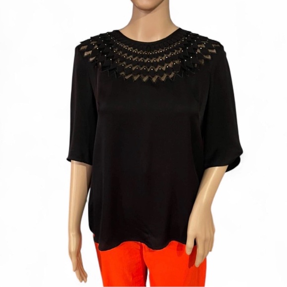 Milly Tops - Milly NYC SILK Rhinestone Embellished Round Neck Layered Top Size 8 Blouse